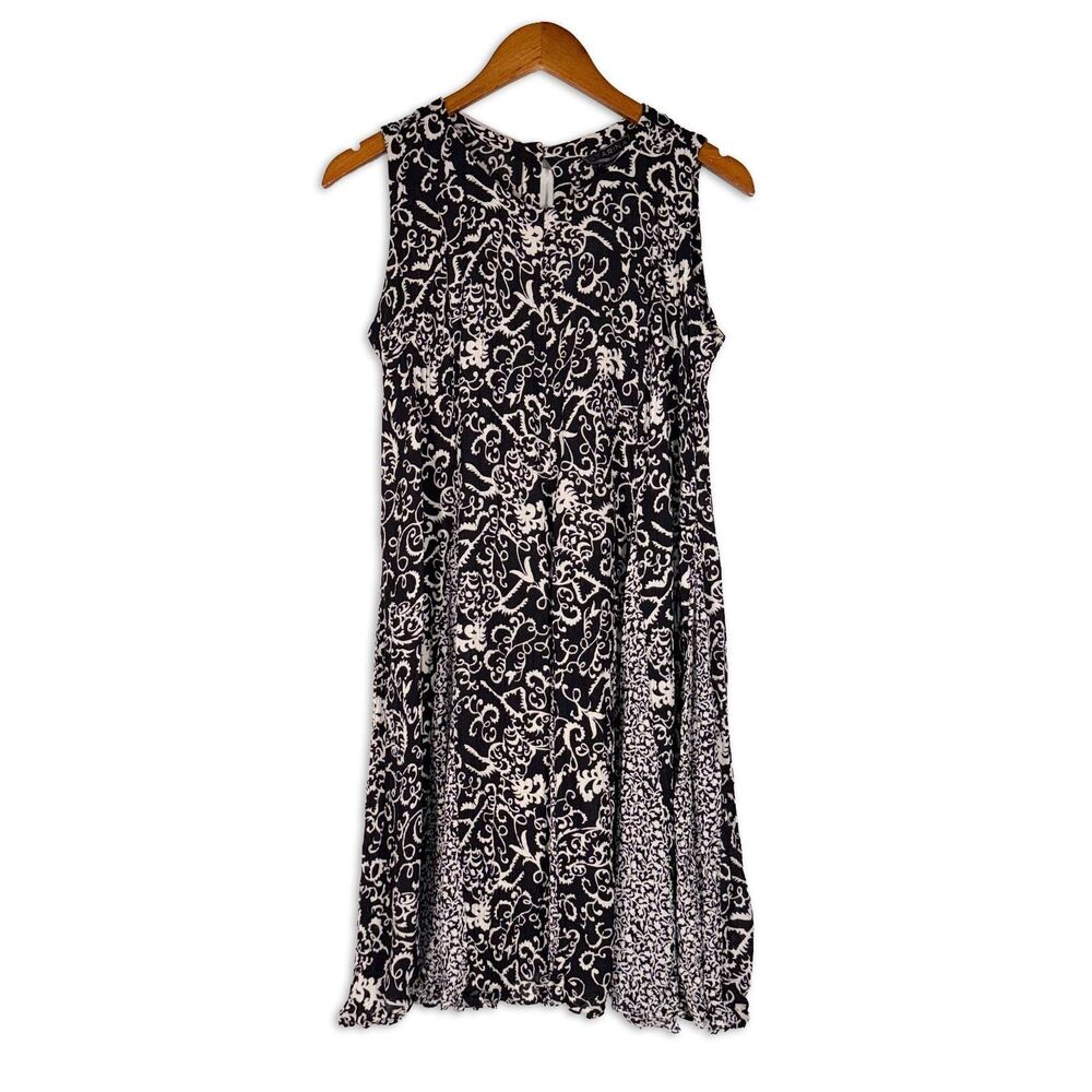 Starina Black White Floral Midi Dress Rayon Godet Flowy Tie Back Y2K Size S